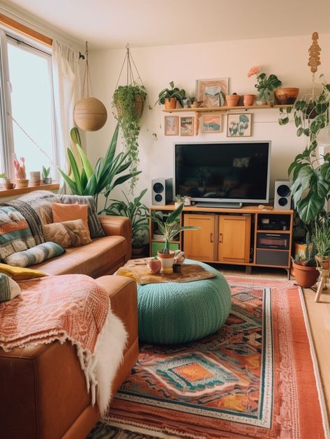 Boho Interior Living Room, Living Room Vibes Cozy, 90s Aesthetic Living Room, Boho House Decor Ideas, Home Aesthetic Colorful, Home Accents Living Room, Boho Living Room With Color, Cozy Plant Living Room, Boho Earthy Living Room