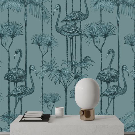 Florida Wallpaper, Jellyfish Wallpaper, Dramatic Walls, Blue Flamingo, Midcentury House, Wallpaper Tropical, Flamingo Wallpaper, Retro Beach, Tropical Wallpaper