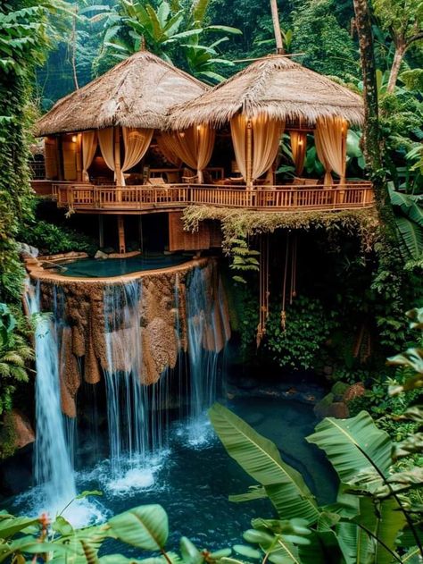 Jungle Tree House Aesthetic, Resort Building Design, Tropical Tree House, Island House Tropical, Tropical Treehouse, Tropical Island Aesthetic, Jungle Houses, Jungle Homes, Tropical Building