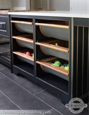 Wire mesh drawers allow for easy access to fresh fruits and veggies while adding interest to a space. Vegetable Drawer, Produce Storage, Desain Pantry, Coastal Bathroom, Kitchen Modular, Bathroom Retreat, Kitchen Pantry Design, Vegetable Storage, Smart Kitchen