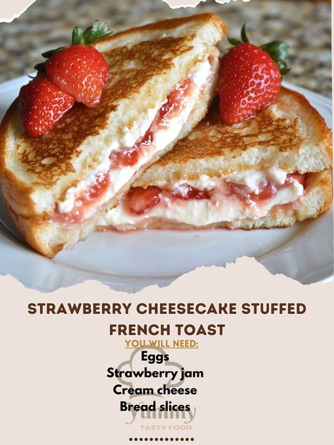 🍓🍞 Delight in Strawberry Cheesecake Stuffed French Toast! A decadent breakfast that feels like dessert! 🍓🍞 #FrenchToast #BreakfastTreat Strawberry Cheesecake Stuffed French Toast Ingredients: Bread slices (8) Cream cheese (1/2 cup) Strawberry jam (1/4 cup) Eggs (3) Milk (1 cup) Vanilla extract (1 tsp) Butter (for cooking) Fresh strawberries, sliced (for garnish) Instructions: Mix cream cheese and strawberry jam. Spread between two slices of bread. Beat eggs, milk, and vanilla. Dip stuffed... Vanilla Dip, Cheesecake Stuffed French Toast, Menu Presentation, Decadent Breakfast, Cream Cheese Toast, Cream Cheese Sandwiches, French Toast Ingredients, French Bread Recipe, Stuffed French Toast