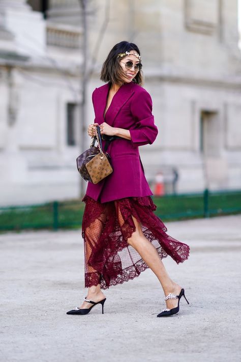 Combination Outfit Ideas, Raspberry Outfit, Magenta Outfit, Combination Outfit, Lace Mesh Dress, Aimee Song, Purple Blazer, Color Combinations For Clothes, Popsugar Fashion