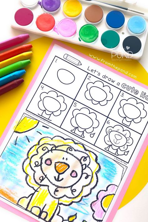 Directed Drawing Zoo Animals, Kindergarten Drawing Projects, Lion Directed Drawing, Lion Directed Drawing For Kids, Directed Drawings For Preschoolers, Drawing Activities For Preschoolers, Kindergarten Drawing Ideas, Preschool Directed Drawing, Animal Directed Drawing