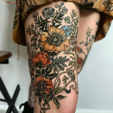 Modern Knee Tattoos Tattoo Sketches Knee To Ankle Tattoo, Tattoo Alternative Style, Color To Black And White Sleeve Tattoo, Whimsical Leg Sleeve, Garden Leg Tattoo, Floral Hip Tattoo Thigh Piece, Moth Sleeve Tattoo, Women’s Leg Sleeve, Flora And Fauna Tattoo