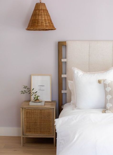 Violet Bedroom Ideas, Hint Of Violet Benjamin Moore, Dusty Purple Kids Bedroom, Purple Scandinavian Bedroom, Dusty Purple Bedroom, Benjamin Moore Hint Of Violet, Wicker Hanging Light, Muted Lavender Paint, Hazy Lilac Bedroom