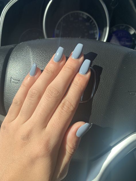 Short and natural coffin nails. Light blue Grey color :) Light Nail Colors Acrylic, Light Blue And Grey Nails, Grey Blue Acrylic Nails, Grey Coffin Nail Ideas, Light Blue Grey Nails, Blue Grey Nails Acrylic, Basic Light Blue Nails, Gray Blue Nails Acrylic, Bluish Grey Nails Acrylic