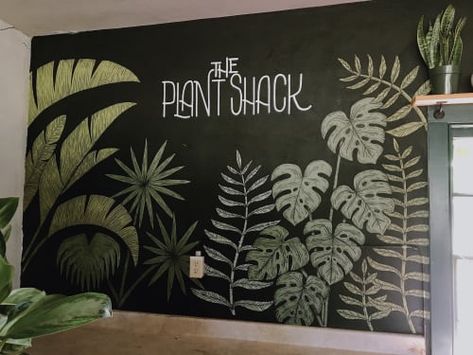 Plant Mural Wall, Plant Graffiti, Plant Wall Painting, Plant Mural, Chalk Wall Art, Mural Cafe, Wall Murals Diy, Garden Mural, Chalk Wall