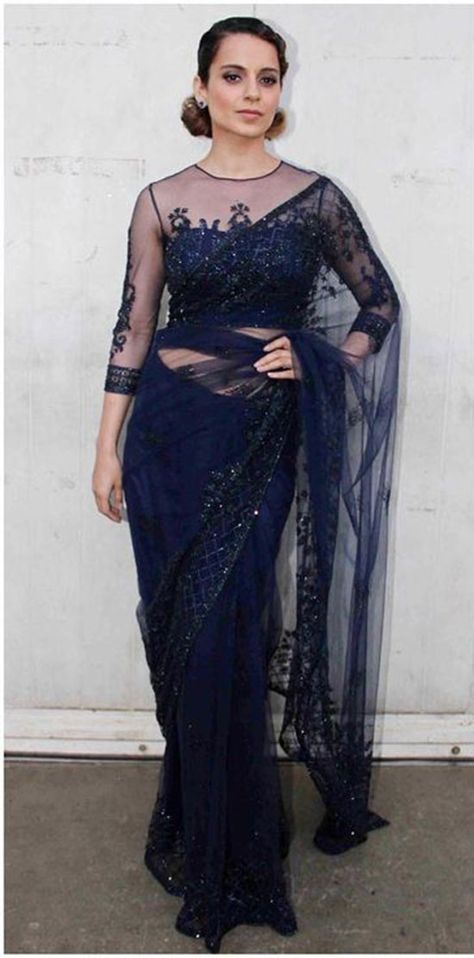 Saree Full Sleeve, Saree Full Sleeve Blouse, Kangana Ranaut Saree, Full Sleeve Blouse Designs, Sleeve Blouse Designs, Blouse With Full Sleeves, Black Net Saree, Full Sleeves Blouse Designs, Best Indian Wedding Dresses