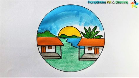 Circle Scenery Drawing, Simple Scenery Drawing, Drawing In Circle, Simple Scenery, Theatrical Scenery, Easy Scenery Drawing, Art And Drawing, Scenery Drawing, To Draw