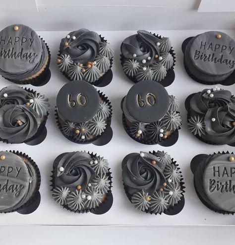 Cupcake Cakes For Men Birthday, Black Cupcakes Aesthetic, Black Gold And Silver Cake Ideas, Cupcake For Men Birthday, Mens Cupcakes Birthday, Black And Silver Cupcakes Ideas, Cupcakes Decoration For Men, Silver Cupcakes Ideas, Black And Gold Cupcakes For Men