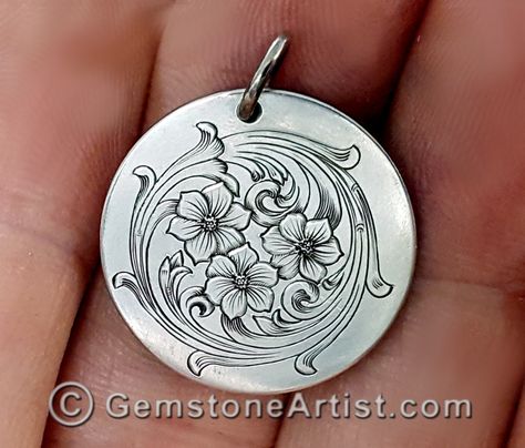 Scroll pendant I hand-engraved on the back of a 2016 nickel.  https://gemstoneartist.com/shop/e-041-hand-engraved-scroll-pendant/ Silver Engraving Patterns, Engraving Patterns, Scroll Engraving, Ornament Drawing, Engraved Flower, Engraving Art, Pattern Ring, Leather Art, Marble Art