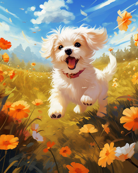 Puppy Running Drawing, Cute Dog Painting, Cute Animal Paintings, Cute Puppy Art, Dog In Flowers, Field With Flowers, Puppy Running, Cute Dog Illustration, Dog With Flowers