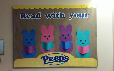 Peeps Bulletin Board, April Bulletin Boards, Elementary School Bulletin Boards, School Library Bulletin Boards, December Bulletin Boards, Easter Bulletin Boards, School Library Decor, March Reading, School Library Displays