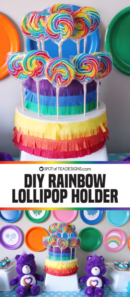 DIY rainbow lollipop holder - an easy way to display candy on your dessert table | spotofteadesigns.com Unicorn Lollipop Holder, Rainbow Dessert Table Ideas, Lollipop Display Ideas, Rainbow Dessert Table, Lollipop Centerpiece, Lollipops Diy, Rainbow Centerpiece, Lollipop Stand, Valentine Food