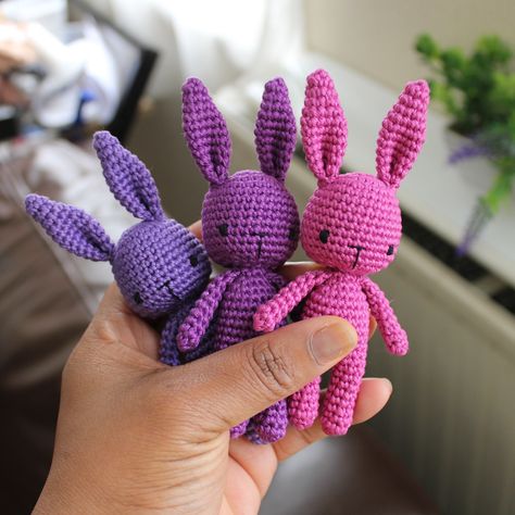 Mini crochet bunnies in Violet, Ultra Violet and Garden Rose. #crochet #amigurumi #crochetbunny #ericaandeleanor Crochet Bunnies, Rose Crochet, Mini Crochet, Garden Rose, Crochet Bunny, Ultra Violet, Crochet Amigurumi, Bears, Violet