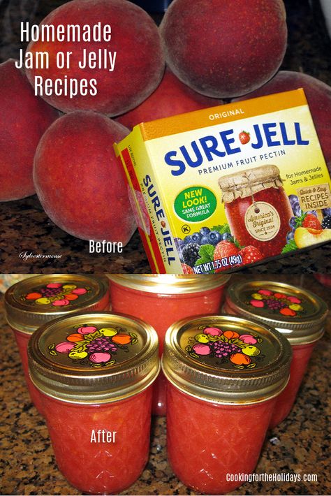 Homemade Jam or Jelly Recipe Using Sure Jell Fruit Pectin - Cooking for the Holidays Strawberry Jam With Pectin, Raspberry Jelly Recipe, Sure Jell Recipe, Strawberry Jelly Recipes, Grape Jam Recipe, Plum Jam Recipe, Peach Freezer Jam, Chopped Fruit, Pectin Recipes