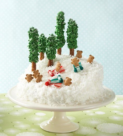 We've created a winter wonderland on top of this coconut covered cake. Sledding Party, Teddy Grahams, Cupcake Birthday Cake, Creative Birthday Cakes, Decorated Cakes, Cool Birthday Cakes, Unique Cakes, Cake Cover, Occasion Cakes