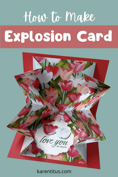 This may look like an ordinary card when closed but reveals a fun surprise when opened. Make this super fun explosion card the easiest way – and to remember how to make it for years to come – make it with a story! Click on the link to learn more. Card Craft // Card Ideas // Card Making // Card Design // Handmade Cards // Cards Handmade // Card Crafting // Fun Fold Card Card Closing Ideas, Unique Card Ideas Diy, Explosion Card Ideas, Card Folds Techniques Tutorials Ideas, Surprise Card Ideas, Split Coast Stampers Cards Ideas, Fun Folds Stampin Up Cards Tutorials, Karen Titus Stamping On The Back Porch, Fancy Fold Card Tutorials How To Make