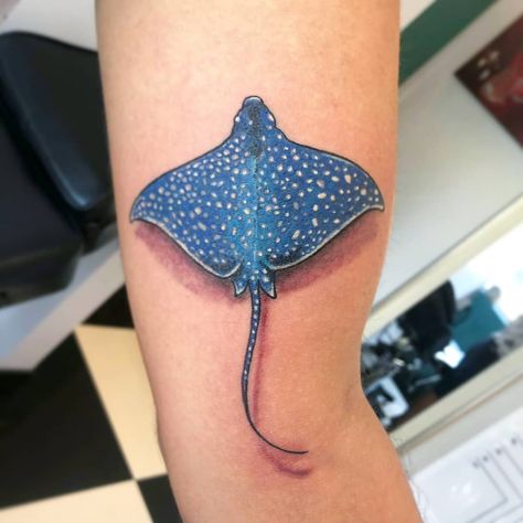 Stingray Tattoo Color, Spotted Eagle Ray Tattoo, Eagle Ray Tattoo, Diving Tattoo, Blue Dragon Tattoo, Ocean Sleeve Tattoos, Ocean Sleeve, Fish In The Ocean, Stingray Tattoo