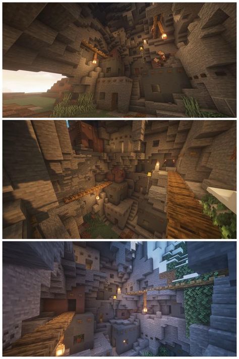 Minecraft Cliff Village Ideas, Minecraft Mining Village, Minecraft House In Cliff, Minecraft Cliff Builds, Minecraft Cliff House Ideas, Ravine Village Minecraft, Minecraft Cliff Houses, Minecraft Ravine House, Minecraft Cliff Village