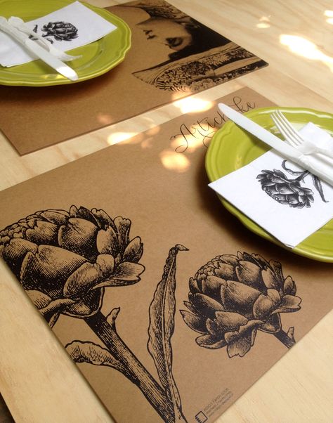 Artichoke Placemat Placemats Design Paper, Restaurant Placemat Design, Paper Placemats Ideas, Craft Market Display, Modern Restaurant Design, Placemat Design, Paper Placemats, Embroidered Napkins, Paper Mate