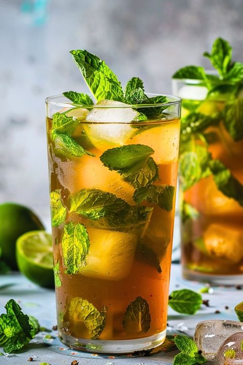 Mint Mojito Iced Tea Recipe - A Cool Summer Refresher! Iced Tea Lemonade Recipe, Green Tea Iced, Green Tea With Milk, Moroccan Mint Tea Recipe, Mint Tea Recipe, Milk Thistle Tea, Turmeric Tea Recipe, Iced Tea Cocktails, Mint Drink