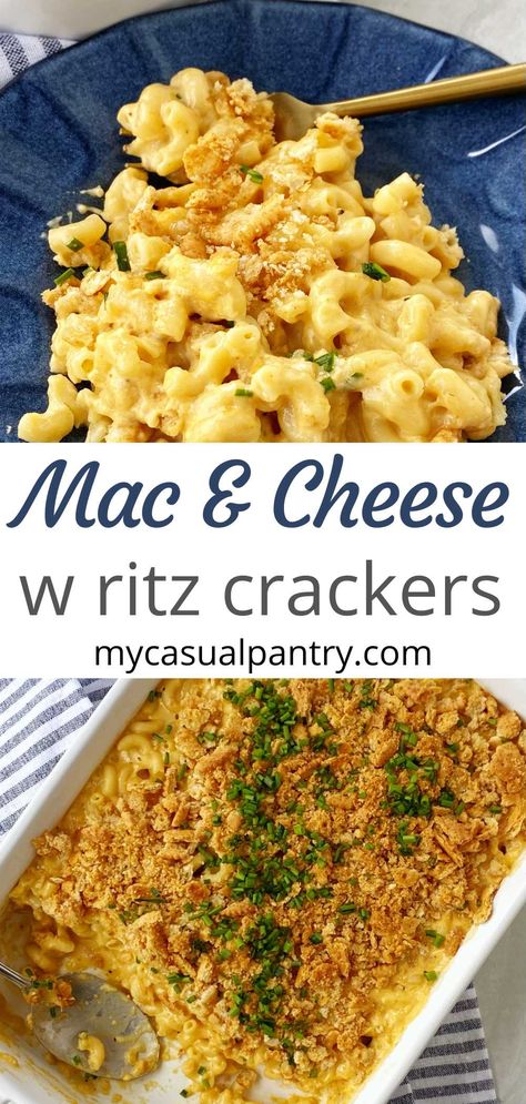 casserole dish of mac n cheese and a plate of mac and cheese. Ritz Cracker Mac And Cheese Recipe, Macaroni And Cheese Toppings, Ritz Mac And Cheese, Ritz Cracker Topping Recipe, Cracker Topping For Casseroles, Mac And Cheese With Crumb Topping, Macaroni And Cheese With Ritz Crackers, Homemade Mac And Cheese Recipe With Ritz Crackers, Ritz Cracker Mac And Cheese