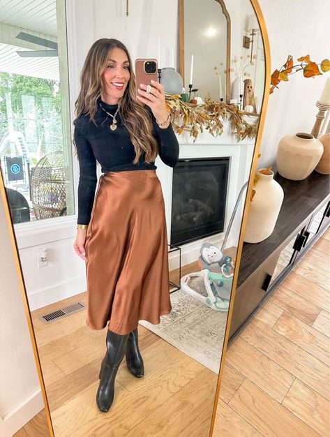 Zeagoo Womens Satin Skirts Casual … curated on LTK Satin Skirt Outfit Fall, Styling A Midi Skirt, Skirt With Knee High Boots, Sweater Boots Outfit, Fall Midi Skirt Outfit, Skirt Boots Outfit, Fall Skirt Outfit, Skirt For Fall, Skirt Outfit Fall