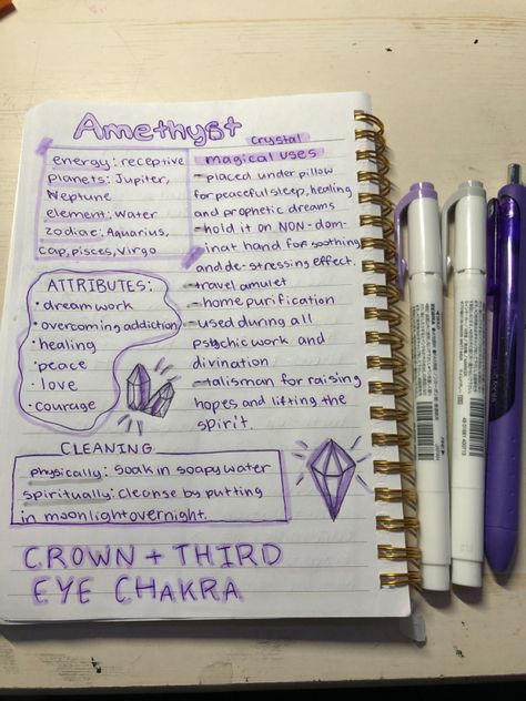 #crystal #amethyst #notes Crystal Properties Journal, Notes About Crystals, Crystals Meanings Journal, Journal Pages Spiritual, Crystal Journal Page, Spiritual Notes Journal, Spiritual Notebook Ideas, Crystal Journal Ideas, Spiritual Journal Aesthetic