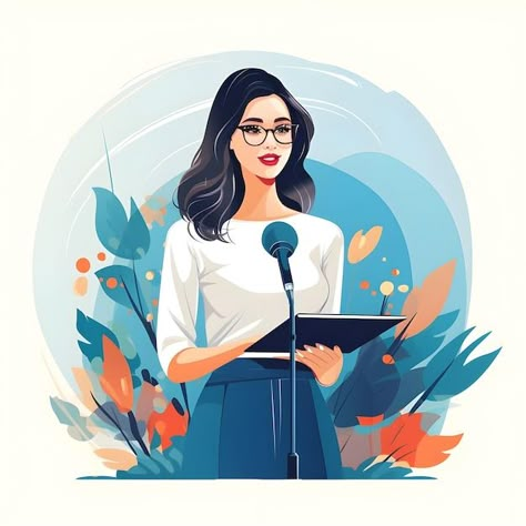 Photo illustration of presenter or publi... | Premium Photo #Freepik #photo Public Speaking Vision Board, Woman Speaking On Stage, Public Speaking Illustration, Profession Illustration, Career Illustration, Conference Pictures, Speaker Illustration, Girly Artwork, Vision Board Words