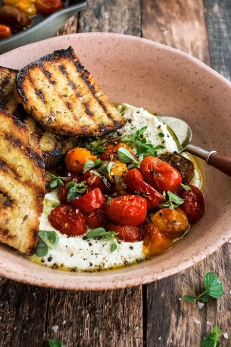 Whipped Feta with Roasted Tomatoes - The Original Dish #DessertRecipes Toast Recipes Dinner, Whipped Feta Toast, Mediterranean Breakfast Ideas, Savory Brunch Recipes, Tomato Appetizers, The Original Dish, Whipped Feta, Roasted Cherry Tomatoes, Summer Appetizer