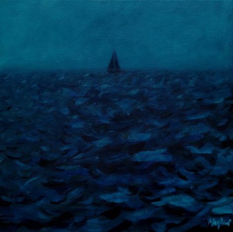 Original fine art painting by Martin Packford (United Kingdom). This one-of-a-kind acrylic on canvas painting measures 11.8W x 11.8 H inches. The seascape painting ships in a box directly from the artist's studio and is covered by the 14-day satisfaction guarantee from Saatchi Art, so you can buy with confidence. Deep Sea Aesthetic Dark, Night Aesthetic Art, Dark Blue Painting, Night Sailing, Ships In The Night, Boat Night, Dark Blue Art, Storm Waves, Night Ocean