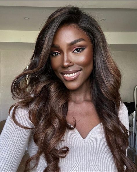 @mimzbee Dark Chocolate Hair On Black Women, Brown Wig On Dark Skin Women, Chocolate Brown Highlights On Black Hair, Black Women Brown Hair, Exotic Wigs, Afro Hair Color, Black Bridesmaids Hairstyles, Dark Ombre Hair, Dark Blonde Highlights