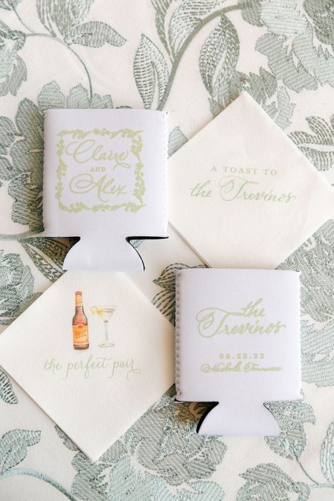 No wedding is complete without an open bar. These custom cocktail accessories will add a unique touch to your event, whether it's a wedding, birthday celebration, or milestone. Custom wedding napkins | custom wedding koozie ideas | custom cocktail napkins | Photo by Mary Rosenbaum Wedding Koozie Ideas, Koozie Ideas, Koozie Design, Custom Koozies Wedding, Custom Wedding Napkins, Wedding Cocktail Napkins, Tan Wedding, Wedding Koozies, Cocktail Accessories