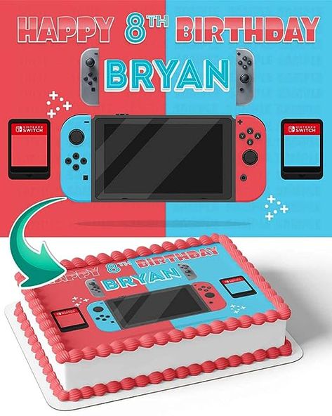 Switch Birthday Cake, Nintendo Birthday Party, Edible Picture Cake, Birthday Cake Banner, Personalized Birthday Cake, Video Game Cakes, Edible Image Cake Topper, Happy 8th Birthday, Cake Image