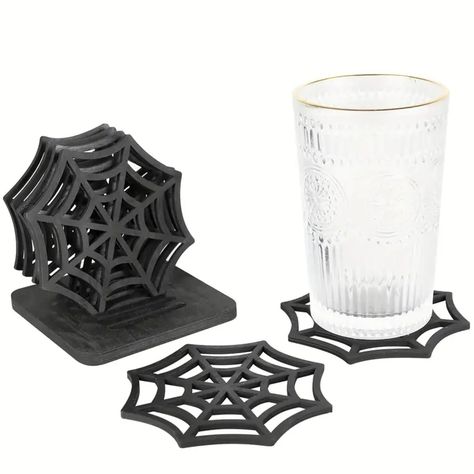 PRICES MAY VARY. 🕸️【Spider Web Drink Coasters】: Make your home or office have the halloween year round appearance with these spider web design wood drink coasters. The spider web will give a creepy look to your house and blend in perfectly with your halloween decor. 🕸️【Gothic Halloween Decor】: A stylish addition to your goth themes and also a spooky gift idea for the gothic decor lover. The spider web pattern is designed to keep these cute coasters light weight, yet sturdy, making them availab Décoration Table Halloween, Wooden Restaurant, Table Halloween, Black Coasters, Wooden Cup, Halloween Table Decorations, Drinkware Accessories, Halloween Spider Web, Tabletop Accessories