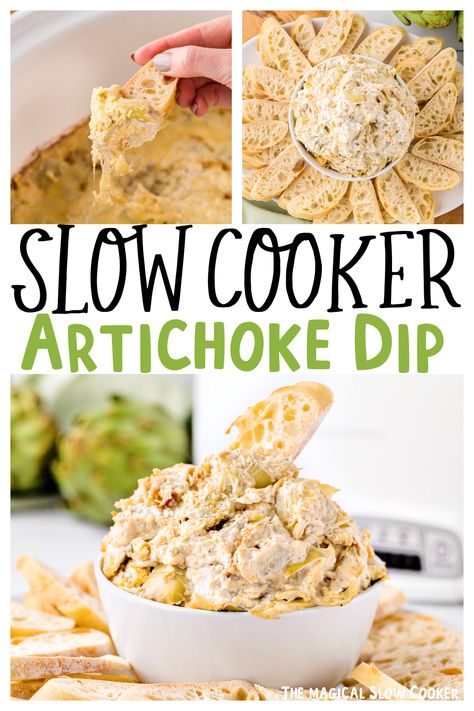 Slow Cooker Artichoke Dip {without spinach} Artichoke Dip Crock Pot, Slow Cooker Artichoke, Slow Cooker Dip Recipes, Cheese Dip Crock Pot, Dip Recipes Crockpot, Artichoke Dip Easy, Slow Cooker Dips, Magical Slow Cooker, Slow Cooker Appetizers