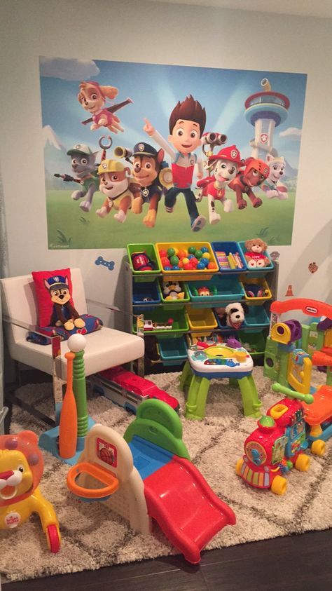 Playroom Idea- Paw Patrol Themed #pawpatrol #kidsplayroom #playroom #kids #funroom #toys #colorful #pawpatroltheme #toysrus #fathead Paw Patrol Room Ideas Toddler Boys, Paw Patrol Bedroom Ideas For Boys, Paw Patrol Room Decor, Paw Patrol Room, Paw Patrol Bedroom, Playroom Idea, Paw Patrol Decorations, Daycare Ideas, Kids' Playroom