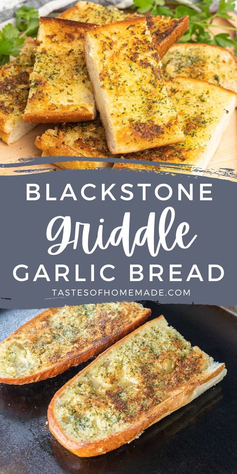 Blackstone griddle garlic bread is the perfect side dish for your next outdoor cookout.  Crispy on the outside, soft in the middle and full of flavour from the fresh garlic and parmesan cheese, this bread is quick, easy and delicious.  Whip up a side of this delicious bread the next time you need a quick side dish. Food To Cook On Blackstone Griddle, Garlic Bread On Blackstone, Blackstone Garlic Bread, Blackstone Desert Ideas, Black Stone Side Dishes, Griddle Side Dishes, Blackstone Snacks, Flat Grill Outdoor Recipes, Blackstone Appetizers