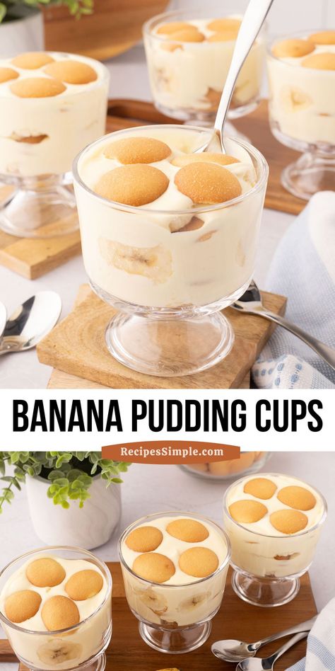 These banana pudding cups are made with creamy pudding, ripe bananas, and crunchy vanilla wafers all layered together in individual cups. Easy banana pudding cups dessert in individual serving cups. Vanilla Wafers Banana Pudding, Banana Pudding Cups Individual, Pudding Cups Ideas Desserts, Individual Banana Pudding Cups, Mini Banana Pudding Cups, Vanilla Wafer Banana Pudding, Pudding Cup Desserts, Banana Pudding Cups, Pudding Cup Recipes