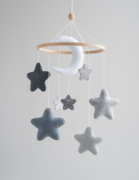 Moon and Stars Baby Mobile Nursery Decor Neutral Montessori | Etsy Baby Boy Nursery Stars, Celestial Nursery, Moon Stars Nursery, Star Themed Nursery, Night Nursery, Gold Nursery Decor, Star Baby Shower Theme, Felt Templates, Stars Baby Mobile