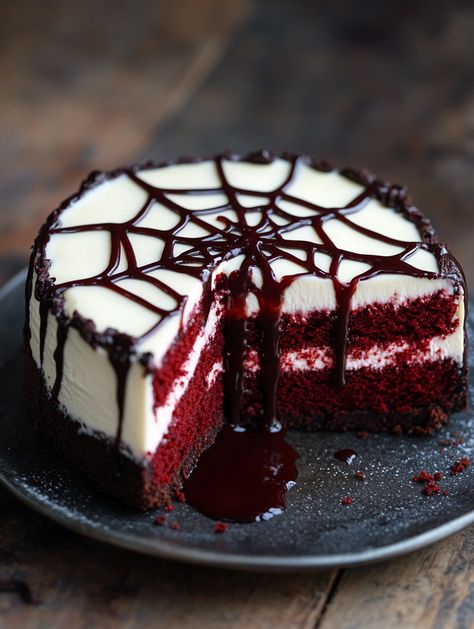 Spiderman cheesecake   🕷️ 𝗜𝗻𝗴𝗿𝗲𝗱𝗶𝗲𝗻𝘁𝘀 🕷️  For the Red Velvet Cake Layers: 2 ½ cups all-purpose flour 1 ½ cups granulated sugar 1 cup unsalted butter 1 cup buttermilk 2 large eggs 2 tablespoons cocoa powder 1 tablespoon red food coloring 1 teaspoon vanilla extract 1 teaspoon baking powder ½ teaspoon baking soda ½ teaspoon salt For the Cheesecake Filling: 3 (8 oz) packages cream cheese, softened 1 cup granulated sugar 1 teaspoon vanilla extract 3 large eggs 1 cup sour cream Spiderman Cheesecake, Red Velvet Cake Halloween, Halloween Red Velvet Cake, Red Velvet Oreo Cheesecake, Cheesecake Ingredients, Delicious Deserts, Halloween Treats Easy, Decadent Chocolate Cake, Cake Layers