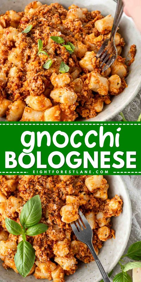 This rich and hearty gnocchi bolognese is the perfect comfort food special enough for date night or a quiet night in with a glass of wine. This easy sauce is made vegetarian (but you can also do beef if you prefer!) and it is so good over pieces of soft and tender gnocchi. This is bound to be a favourite recipe! Bolognese Gnocchi Bake, Food For Date Night, Gnocchi Bolognese, Food For Dinner, Vegetarian Recipes Lunch, Main Dish Casseroles, Easy Vegetarian Dinner, Fall Comfort Food, Meatless Dinner