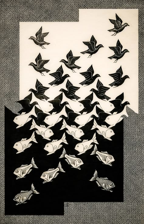 M.C. Escher, Sky and Water II, 1938, Woodcut 5/12/18 #mfab… | Flickr Mc Escher Art, Escher Art, Sky And Water, M C Escher, Mc Escher, Vintage Interior Design, Psy Art, Desenho Tattoo, Illusion Art