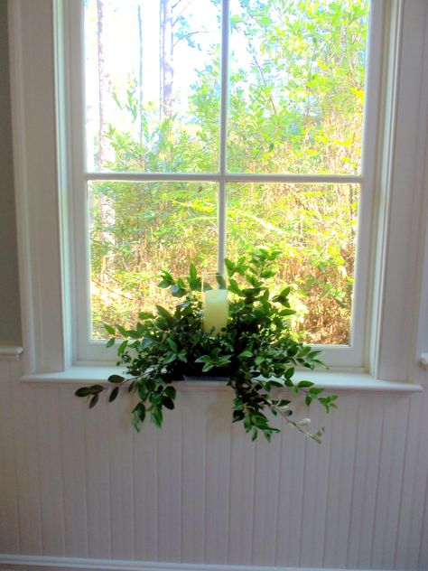 Candles and greenery to accent the church windows. Church Window Decor, Church Decorations Sanctuary, Window Seal Ideas, Window Greenery, Wedding Window Decorations, Chapel Decorations, Window Ledge Decor, Pennyhill Park, Exterior Window Sill