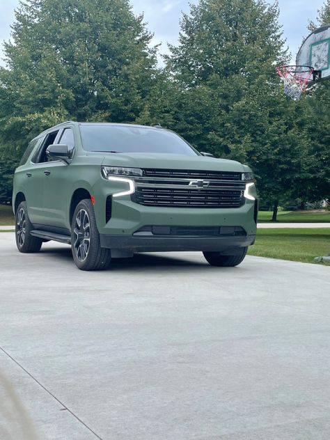 Fully wrapped matte green/army green 22 tahoe Chevy Tahoe Wrapped, Matte Green Car, Tahoe Car, Tahoe Chevy, Mom Cars, Chevy Suv, Chevy Girl, Dream Car Garage, Custom Chevy Trucks