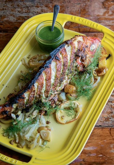 Charleston SC | Grilled Whole Fish with Salsa Verde | Charleston Magazine Fish Recipes Grilled, Whole Fish Recipes, Backyard Bbq Party, Whole Fish, City Magazine, Red Snapper, Grilled Fish, Bbq Party, Backyard Bbq