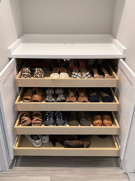 Diamonds are a girl’s best friend – but a shoe closet is the next best thing! One of our customers wanted to surprise his wife, so we stealthily measured a nook by his homes garage door exit, and a few weeks later, in a few hours we installed everything. When the Mrs. arrived, she was met with her new shoe storage cabinet. Hall Closet Shoe Organization, Best Shoe Rack Designs, Shoe Closet Hallway, Built In Hidden Shoe Shelf, Shoe Drawer In Wardrobe, Pull Out Shoe Cabinet, Home Shoe Storage, Closet Design Layout Shoes, Building A Shoe Cabinet