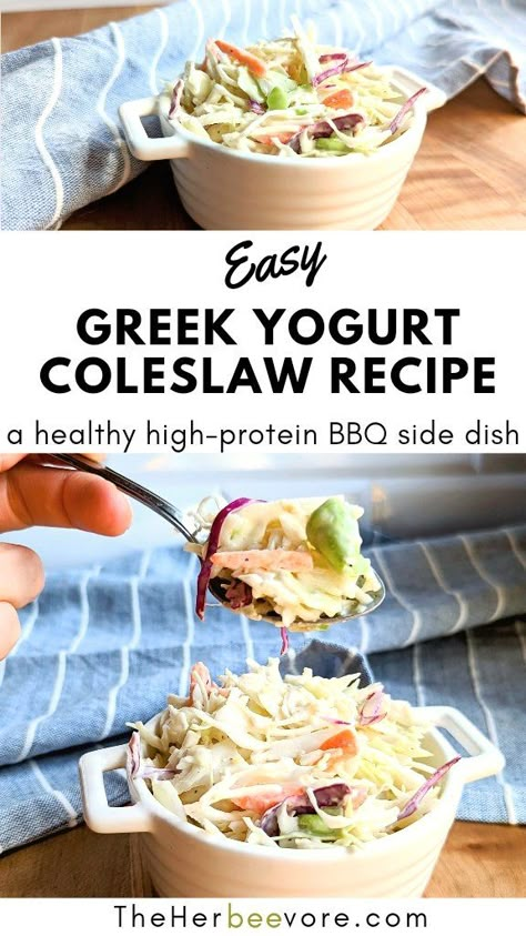 This Greek Yogurt coleslaw recipe is a high protein take on a classic summer BBQ side dish - it's a creamy coleslaw with vinegar, spices, and yogurt. Great coleslaw for BBQs, potlucks, and parties. It's great on a plate loaded up with anything coming off the grill, or also fantastic to add to a BBQ meat or lentil sloppy joe. Coleslaw Recipe Greek Yogurt, Low Sodium Coleslaw Recipe, Coleslaw Recipe No Mayo, Greek Yogurt Coleslaw, Yogurt Coleslaw, Coleslaw Sauce, Low Carb Coleslaw, Healthy Coleslaw, Coleslaw Salad