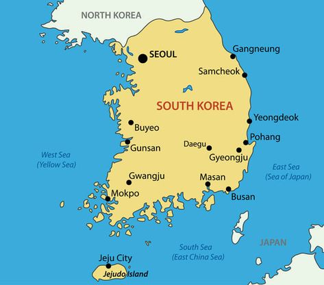 Map of the Korean peninsula South Korea Facts, Korea Country, Korea Map, Jeju City, Mokpo, Gyeongju, Sea Of Japan, Korean Lessons, Korean Peninsula